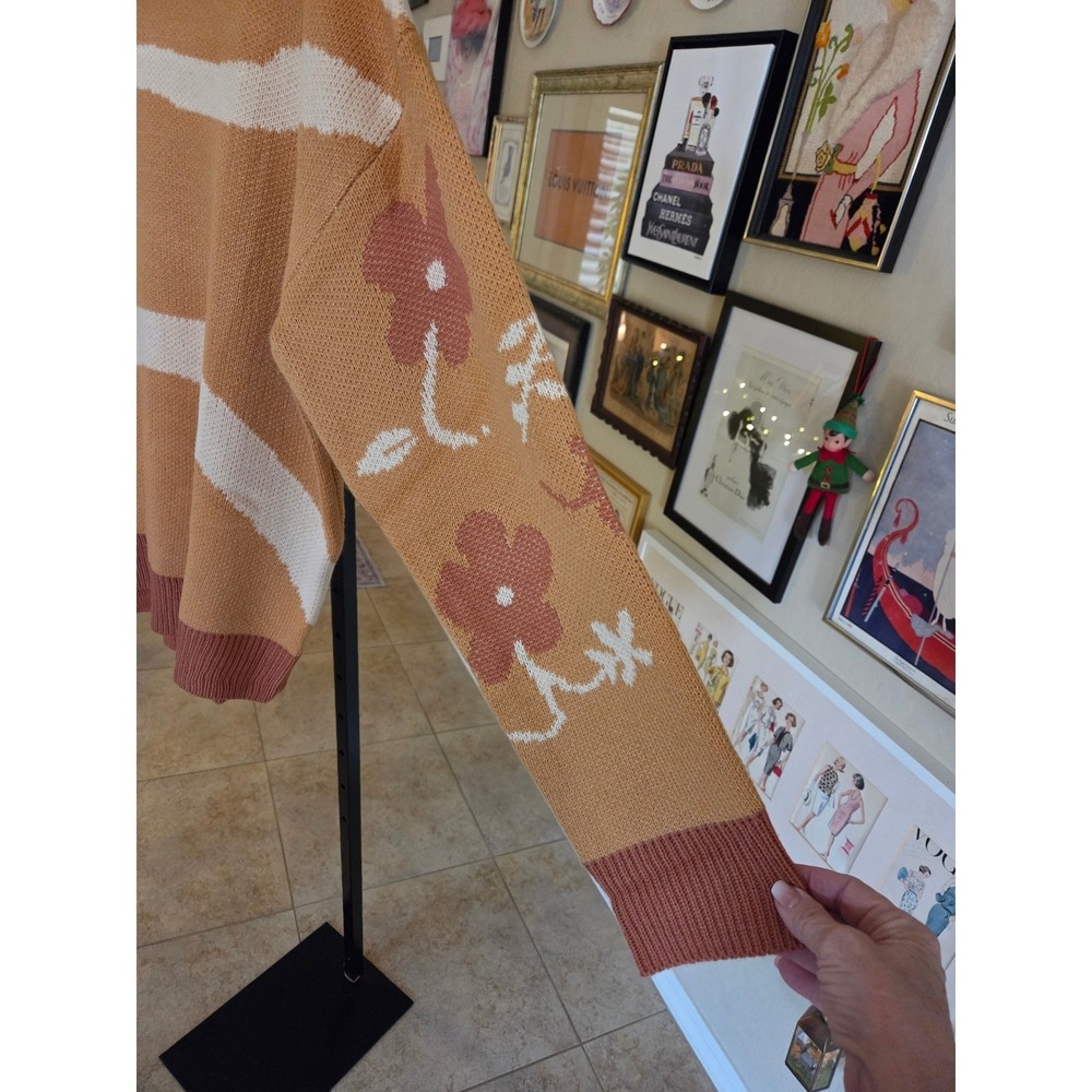 Easel Striped Knit Sweater Floral Detail Ochre Cream Long Sleeve Women's NEW‎ - Picture 3 of 5